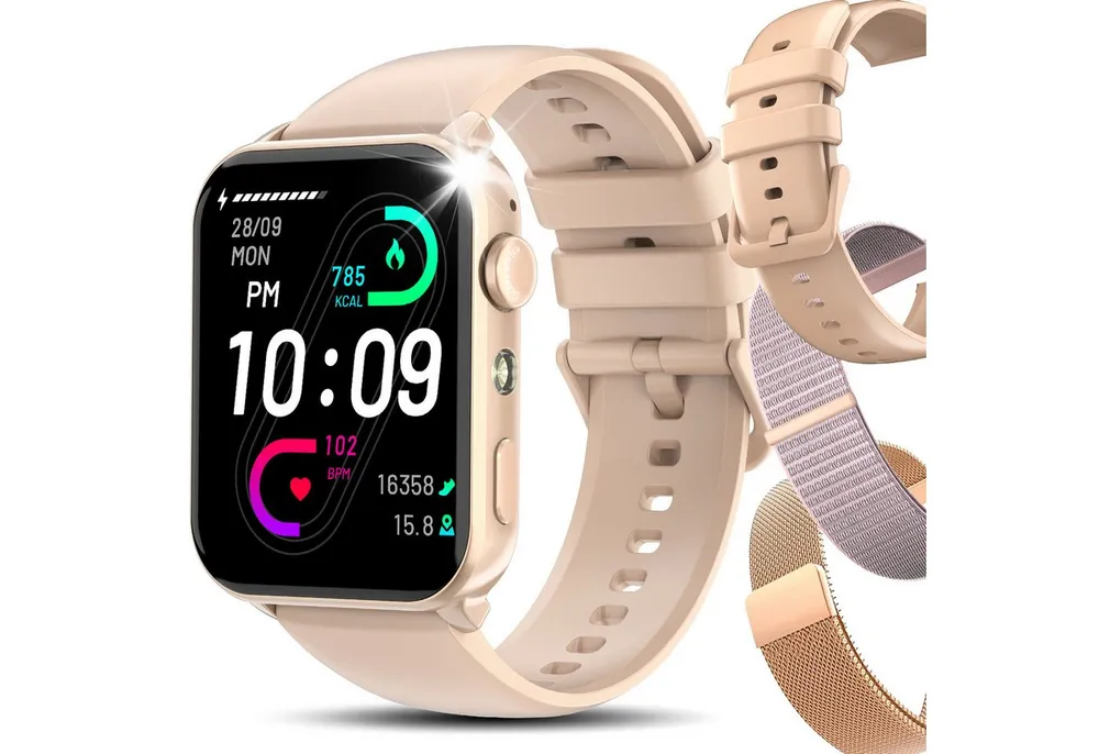 IOWODO Smartwatch Damen Herren 1,91" HD Touch, mit LED Lampe& Bluetooth Anruf Smartwatch, 3xRiemen (Metallarmband+Silikonarmband+Geflochtenesband) und Ladekabel, 5 Tage Akku,350 mAh,SpO₂/HR/Schlaf,App-Fitnesskurse,Schrittzähler,IP68