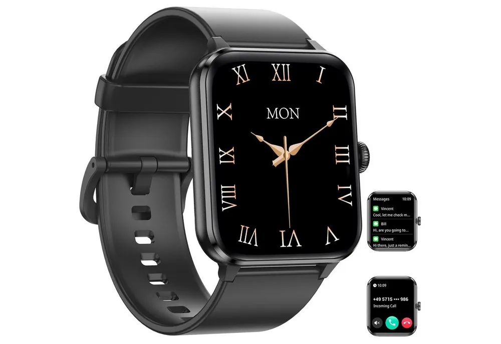 IOWODO Smartwatch Damen Herren 2026,350mAh (6 Tage), 1,85" HD,Bluetooth Anruf Smartwatch (1.85 Zoll, IOS/Android) Smartwatch Damen Herren,Smart Watch für Android iOS( 2 Armband) , mit Wechselband aus weichemSilikon und Ladekabel, Telefon,App-Fitnesskurse, SpO₂-/HR-/Schlafüberwachung,2 Armbänder,IP68