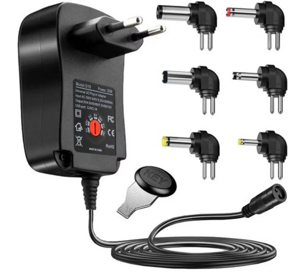 IZOXIS Universelles Netzteil mit Spannungsregelung und USB-Anschluss. Universal-Ladegerät (niverselles Netzteil für zahlreiche Anwendungen., Einstellbare Spannung, USB-Anschluss, vielseitige Spitzen)