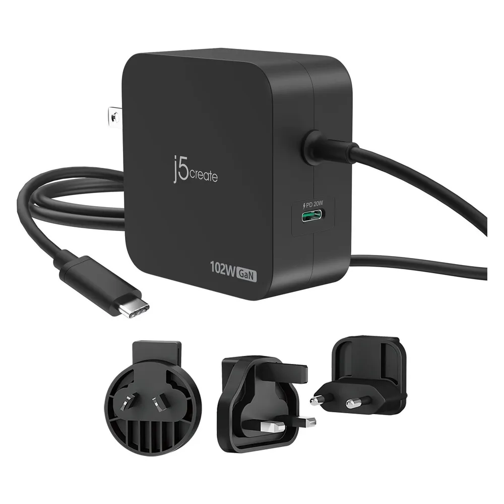 j5Create 102-Watt-GaN-PD-USB-C-Reiseladegerät mit 2 Anschlüssen, einschliesslich austauschbaren Netzs