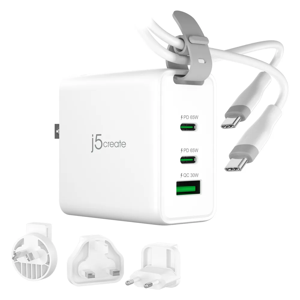 j5Create 65-Watt-GaN-USB-C-Reiseladegerät mit 3 Anschlüssen, einschliesslich austauschbaren Netzsteck