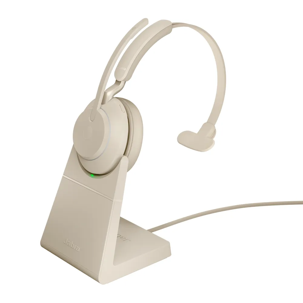 Auriculares Jabra Evolve2 65 inalámbricos Bluetooth Monoaural con Cancelación de Ruido y Base de Carga Beige