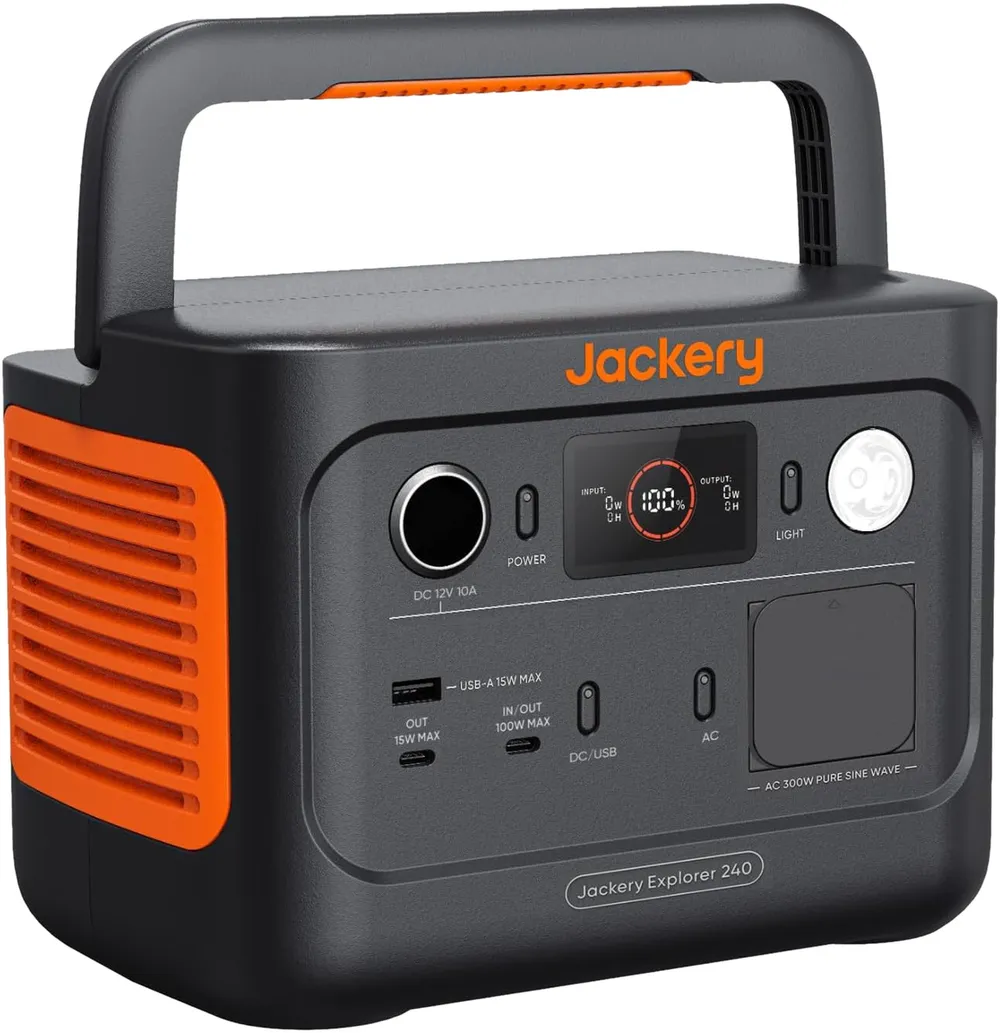 JACKERY Powerstation Explorer 240 V2, LiFePO4, 256 Wh, 300 W, 5-Port, USB-C PD 100 W, faltbarer Tragegriff