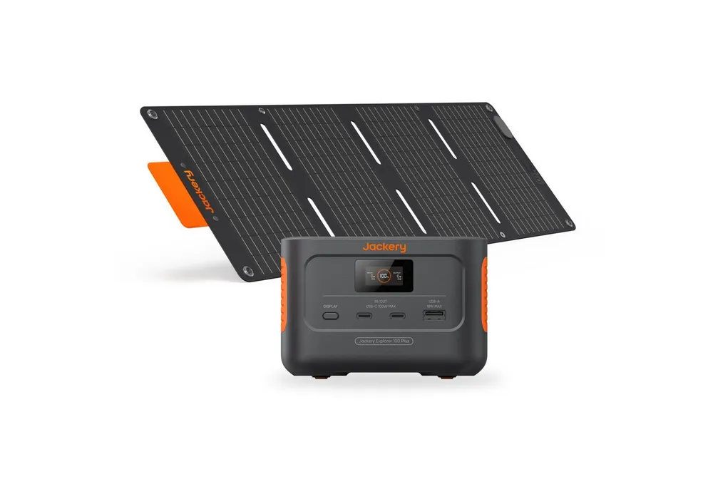 Jackery Solargenerator 100 Plus tragbare Powerstation mit 1xSolarSaga 40W Mini, 99Wh Solar Generator mit 128W Ausgang, 3-Port Schnellladung für Camping/Wohnmobil 6200 mAh (5, 9, 12 V)