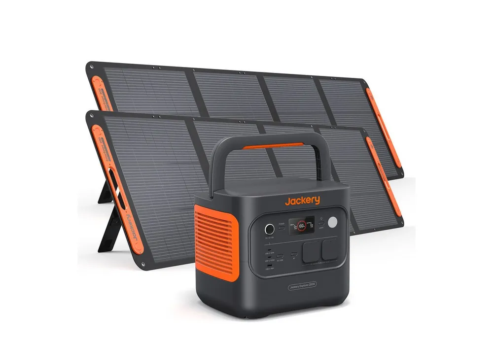 Jackery Solargenerator 2000 v2 tragbare Powerstation mit 2x200W Solarpanel, 2042Wh Solar Stomerzeuger mit 2200W Ausgang 45600 mAh (12, 230 V), LiFePO4 Batterie Schnellladung für Camping, Wohnmobil, Off-Grid