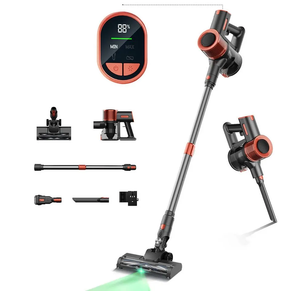 Jigoo Akku-Bodenstaubsauger C200 Kabelloser Staubsauger, 23KPa Saugkraft, 40min Laufzeit, 350 W, 2 Arbeitsmodi, Teleskop-Metallrohr und LED-Scheinwerfer