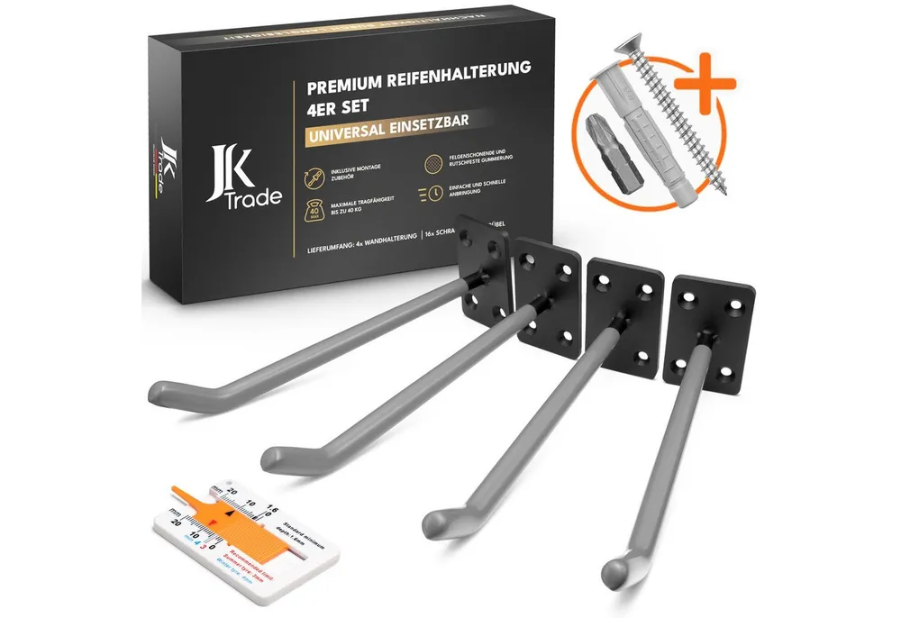 JK Trade Reifen-Wandhalterung 4er Set für Auto Felgen bis 40 kg, (bis 22 Zoll, 4x Reifenhalterung, 16x Schrauben & Dübel, Torx & Profiltiefenmesser, Massiver Stahl mit rutschfester Gummierung)