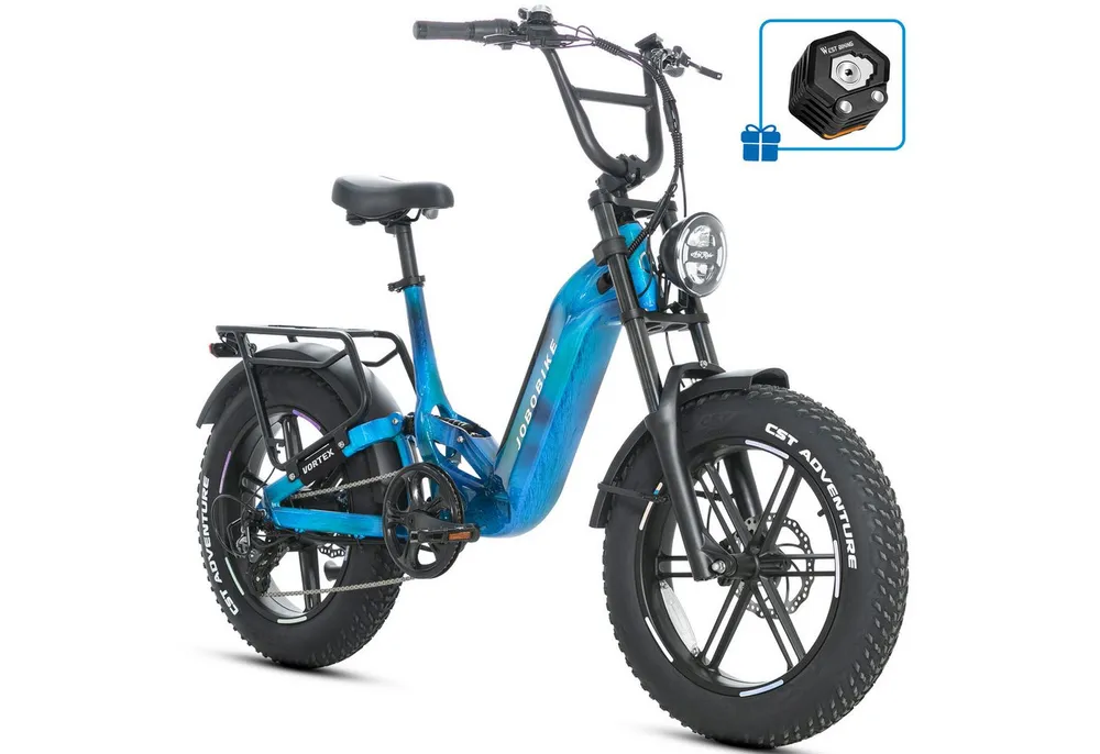 JOBOBIKE E-Bike Mountainbike 20x4,0 Zoll, 720Wh, 150km, Fully, Vollfederung, Lockout-Federgabel, 7 Gang Shimano, Kettenschaltung, Heckmotor, 720 Wh, (Hinterradfederung, LCD-Farbdisplay, integrierte & speichenlose Laufräder), Drehmomentsensor, 130 Lux Frontlicht, Bremslicht, Hydr. Bremsen