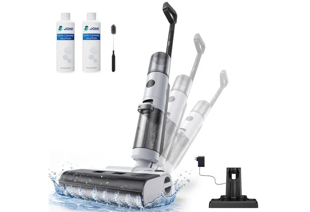 JONR Nass-Trocken-Akkusauger ED12 kabellos - 3-in-1 Wischsauger mit smarter Selbstreinigung, 200,00 W, Anti-Haarverwicklung, 200W Leistungsstarker Akku-Saugwischer für Hartböden & Tierhaare, 6mm ultranahe Kantenreinigung, 850ml großer Wassertank