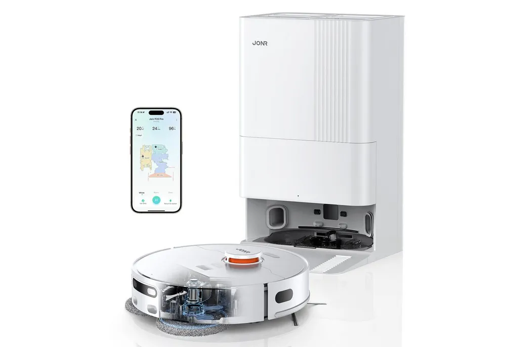 JONR Saugroboter P20 PRO mit Wischfunktion, Dynamische Mopp-Erweiterung, 50,00 W, 8000Pa All-in-One Reinigungsstation Nass Trocken Saugroboter, Intelligente Auto Mopp Hebefunktion, 8mm Auto Mop Anhebung, Adaptive Kantenreinigung, Heißlufttrocknung