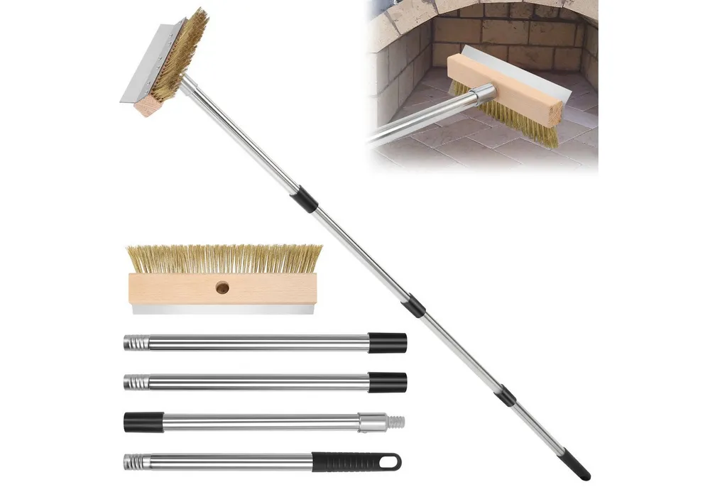 JOYOLEDER Bürste Pizzaofen Bürste Mit Stahlschaber, Verstellbarer Aluminium-Griff, (Pizzaofenschaber mit Messingbürste, 25,5 cm mit langem Griff 74 cm/110cm oder 146 cm)