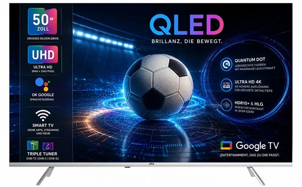 JTC-24 JTCSQ50U39505G QLED-Fernseher (126 cm/50 Zoll, 4K Ultra HD, Smart-TV, Google TV, Dolby Vision, Bluetooth, Triple Tuner, Sprachsteuerung)