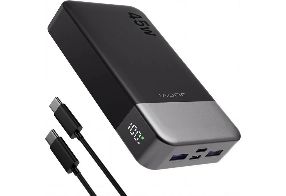 JUOVI Power Bank 45W 20000mAh USB C Schnellladegerät PD QC Fast Charging Powerbank, 4-Port (2C+2A) LED Display, für iPhone 15, iPad, MacBook