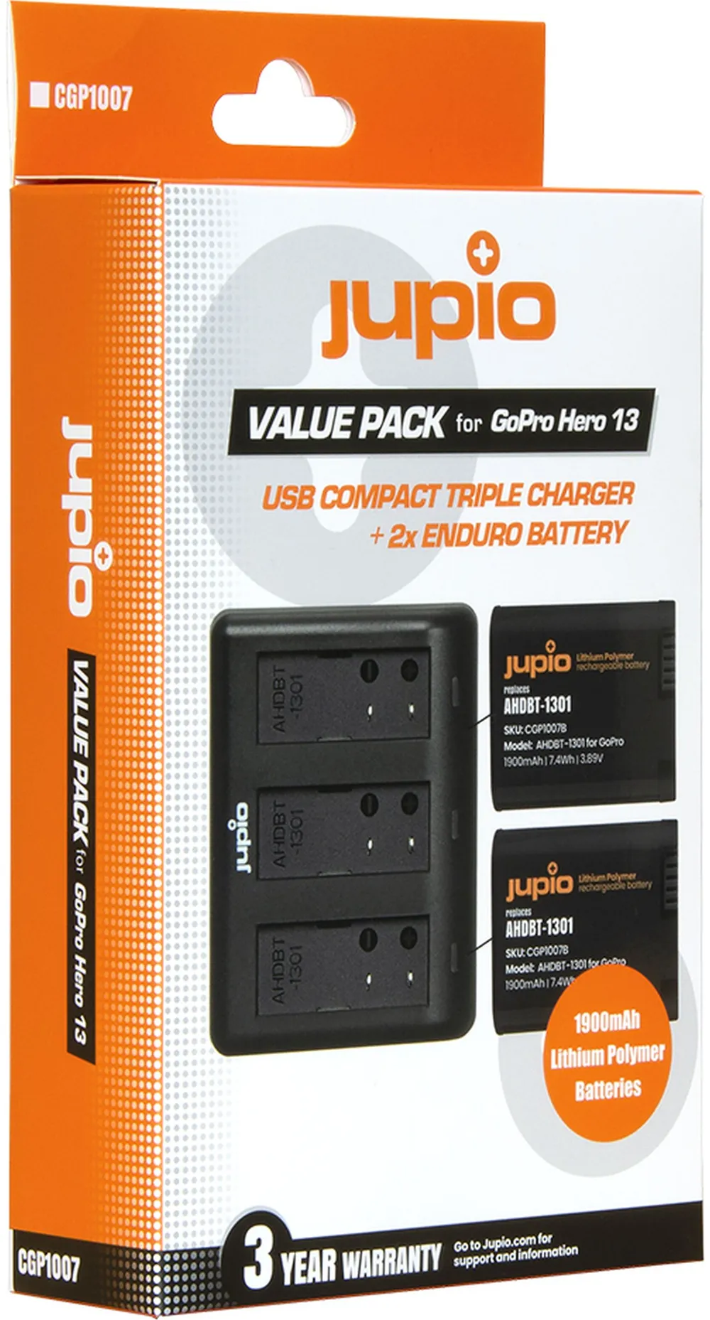 Jupio Value Pack: 2x Enduro HERO13 + USB Triple Charger