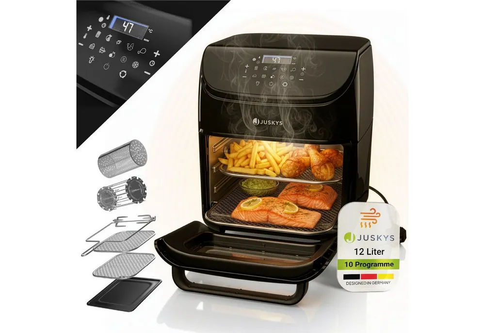Juskys Heißluftfritteuse, 1700 W, 10 Programme, umfangreiches Zubehör, Touch-Bedienfeld, bis 200 Grad