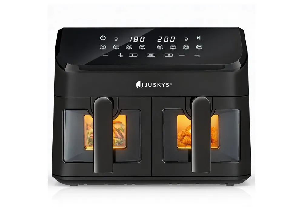 Juskys Heißluftfritteuse, 1800 W, mit 2 Kammern, Smart Finish und 9 Programmen - Antihaftbeschichtung