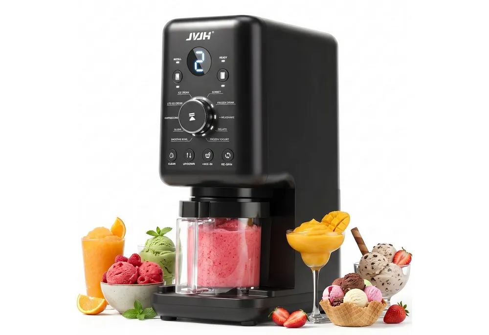 JVJH Eismaschine für Zuhause,10 Programme,2L,Gefrierbehälter 650 ml*3,Selbstreinigung, 2 l, 800 W, Spülmaschinengeeignete Teile,für Frozen Joghurt, Sorbet und Eiscreme