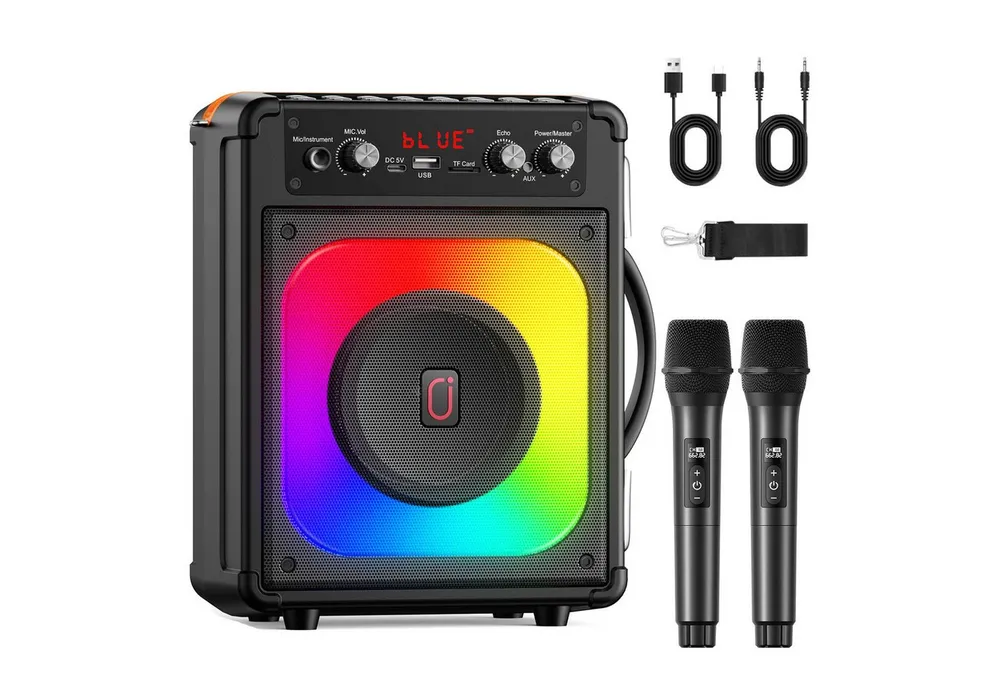 JYX Tragbare Karaoke Anlage mit 2 kabellosen Mikrofonen Bluetooth-Lautsprecher (Bluetooth, mit TWS Stereo, LED Lichteffekten (ohne Tablet)