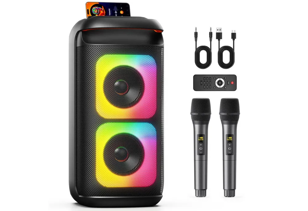 JYX Tragbarer Bluetooth-Speaker mit 2 Funkmikrofonen Bluetooth-Lautsprecher (Bluetooth, 180 W, Kräftiger Bass, Disco-RGB-Licht & bis zu 8 Std. Spielzeit)