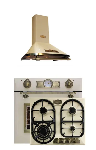 Kaiser Küchengeräte Backofen-Set Herd Set Autark Elektro,Retro Einbaubackofen Autark, 60cm, 67L, 8 Funktionen,Elfenbein+Retro Einbau Gasherd, 60cm, Emailliert Elfenbein,Er-/Propangas+Dunstabzugshaube 60 cm,910 m³/h EH 6355 ElfEm+KG 6325 ElfEm+A 6315 ElfEm, mit 1-fach-Teleskopauszug