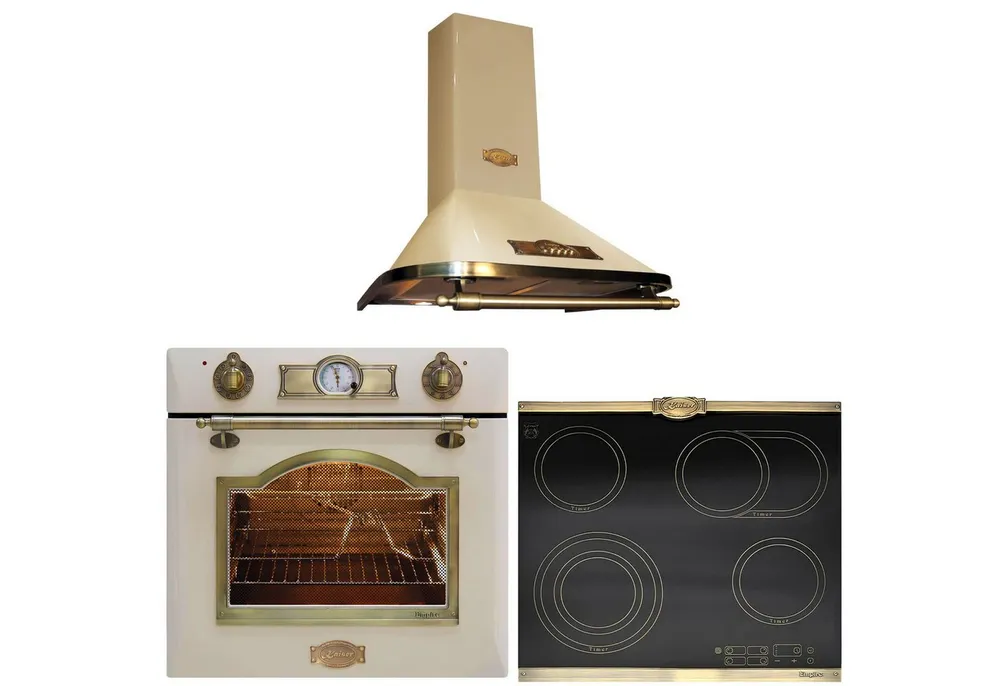 Kaiser Küchengeräte Backofen-Set Herd Set Autark Elektro Einbaubackofen, Teleskop-System, 67L, 8 Funktionen, 60 cm mit Exklusives Autarkers High Light Glaskeramik Kochfeld 60cm+Exklusive Designer Retro Abzugshaube 910 m³/h EH 6355 ElfEm+KCT 6185 Em+ A 6315 ElfEm ECO, mit 1-fach-Teleskopauszug, Elektro Einbaubackofen+Glaskeramik Kochfeld 60cm+Dunstabzugshaube