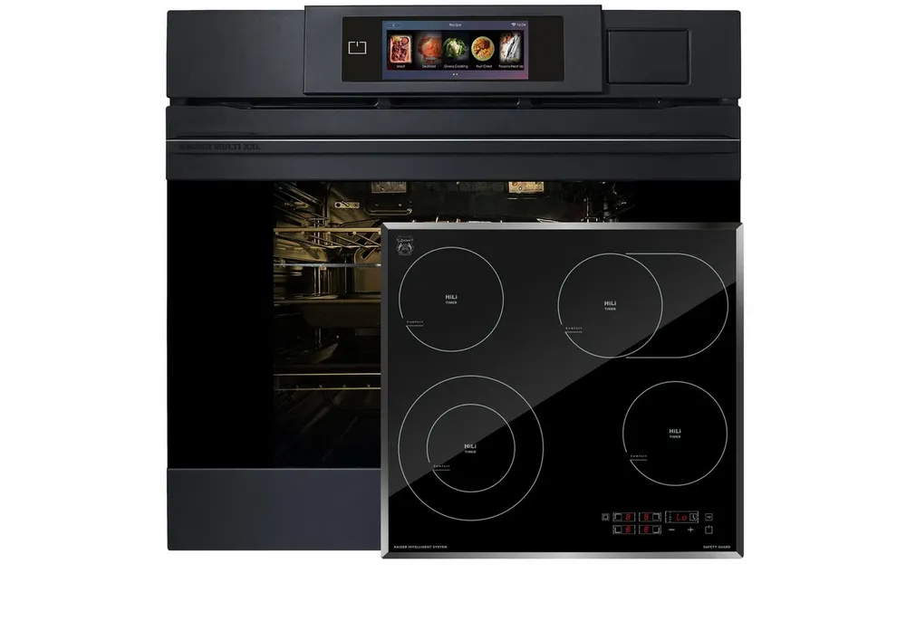 Kaiser Küchengeräte Backofen-Set Herd Set Autark XXL Multi 37,Multifunktions-Elektro-Dampfbackofen mit Dampfreinigung, 60 cm+High Light Glaskeramik Kochfeld 60cm Schwarz glas Facettenschliff-Kanten EH 6341+KCT 6115 F, mit 1-fach-Teleskopauszug