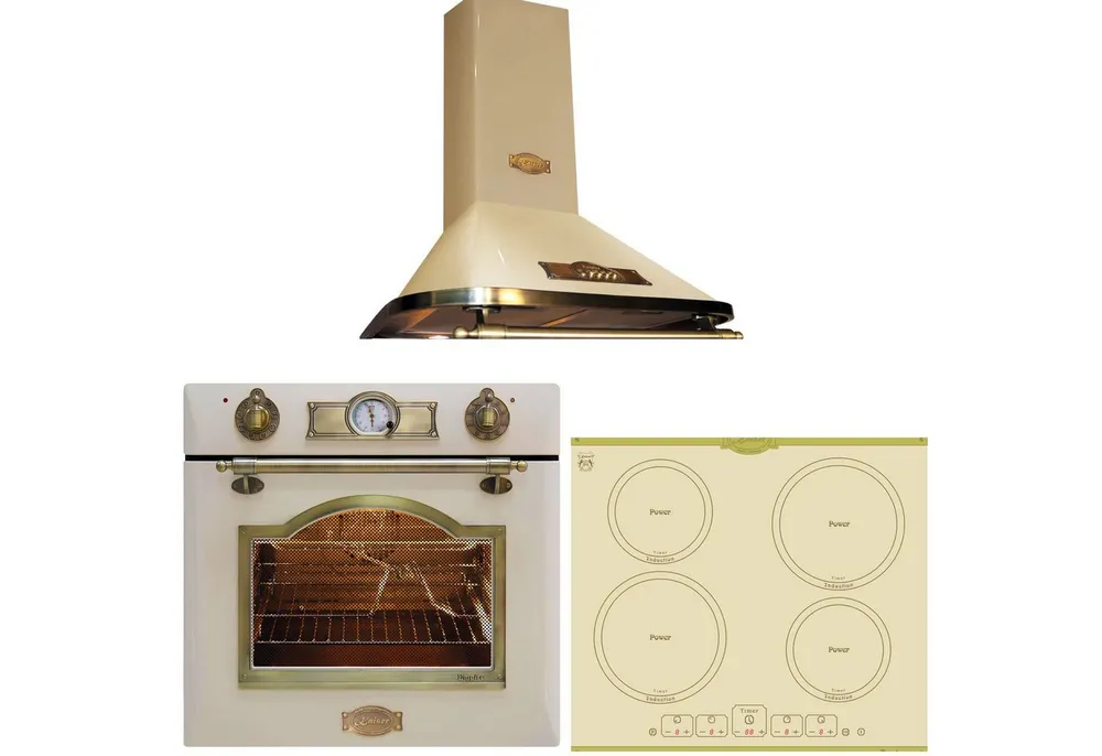 Kaiser Küchengeräte Backofen-Set Herd Set Autark Elektro Backofen, Selbstreinigung, Drehspieß, 8 Funktionen mit Induktionskochfeld Autark 60 cm 4 Zonen mit Booster+Exklusive Designer Retro Abzugshaube 910 m³/h EH 6355 ElfEm+KCT 6195 IElfEm+A 6315 ElfEm, mit 1-fach-Teleskopauszug, Katalytische Selbstreinigung, Elektro Backofen, 60cm+Induktionskochfeld 60 cm+Dunstabzugshaube 60 cm