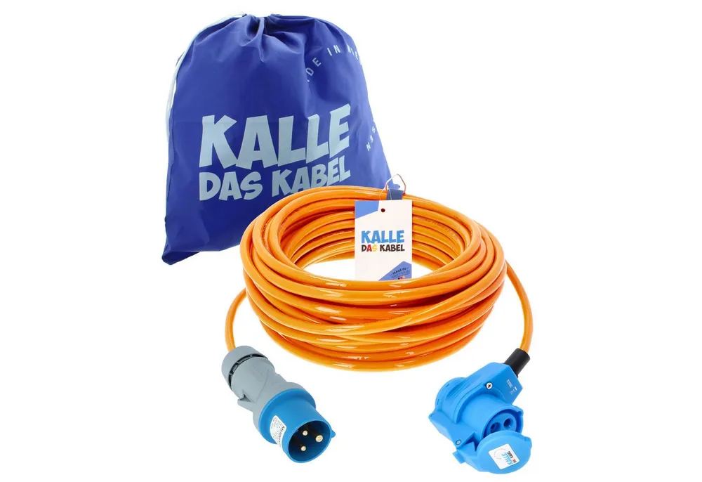 KALLE DAS KABEL Kalle Verlängerungskabel CEE 230V16A 2,5 Winkel Signal Orange IP44 25m Verlängerungskabel, CEE 230V, 16A, CEE Winkelkupplung 230V, 16A mit rückseitiger Schuko Steckdose (2500 cm)