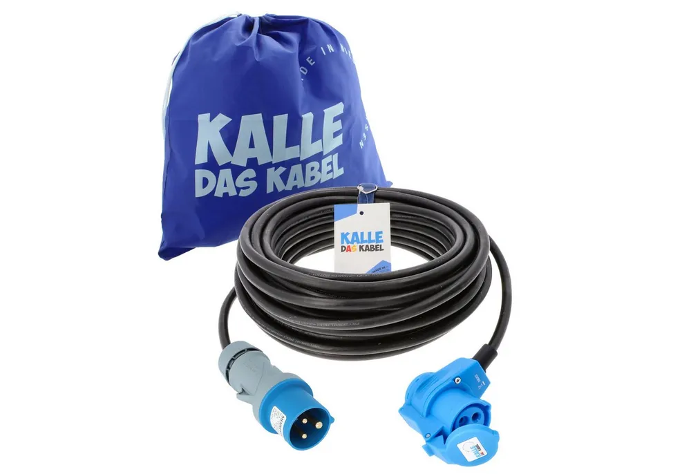 KALLE DAS KABEL Kalle Verlängerungskabel CEE 230V 16A 1,5 mm² Winkel IP44 25 Meter Verlängerungskabel, CEE Stecker, CEE Winkelkupplung mit Schuko Steckdose (2500 cm)