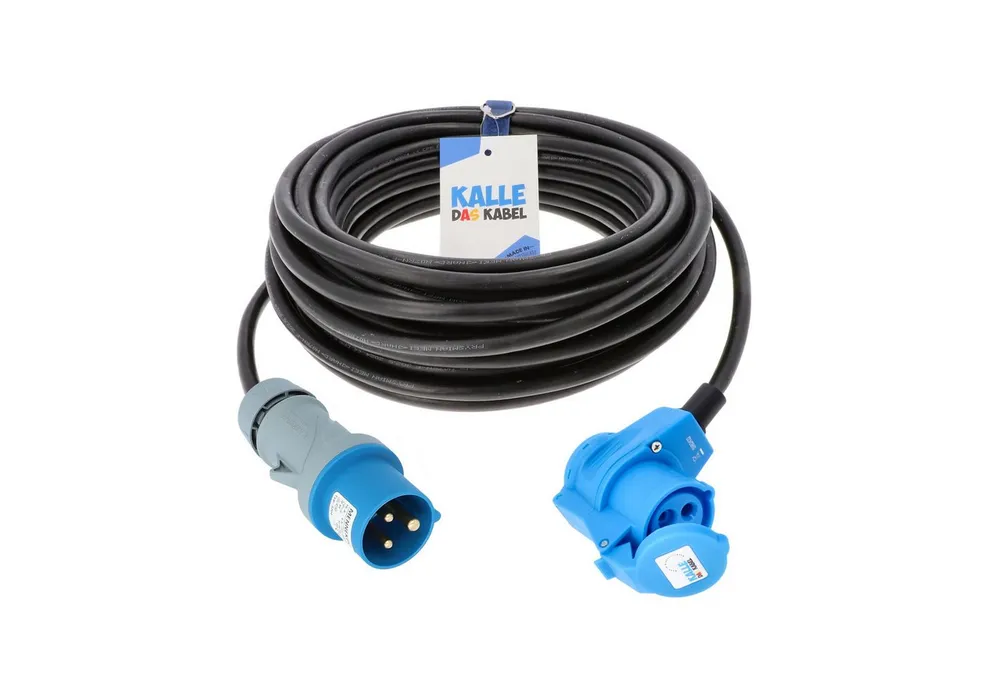 KALLE DAS KABEL Kalle Verlängerungskabel CEE 230V 16A 1,5 mm² Winkel IP44 5 Meter Verlängerungskabel, CEE Stecker, CEE Winkelkupplung mit Schuko Steckdose (500 cm)