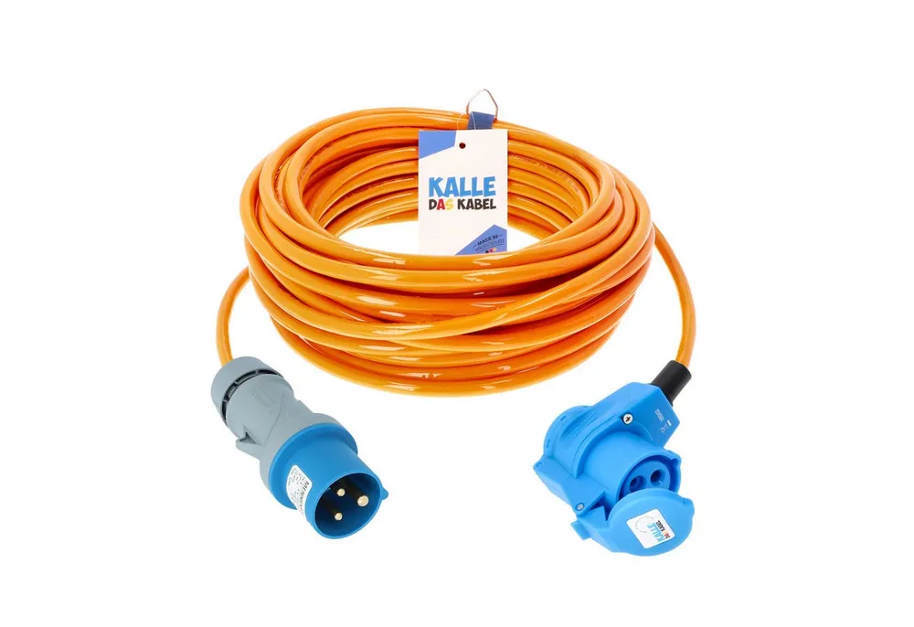 KALLE DAS KABEL Kalle Verlängerungskabel CEE 230V 16A 2,5 Winkel Signal Orange IP44 5m Verlängerungskabel, CEE 230V, 16A, CEE Winkelkupplung 230V, 16A mit rückseitiger Schuko Steckdose (500 cm)