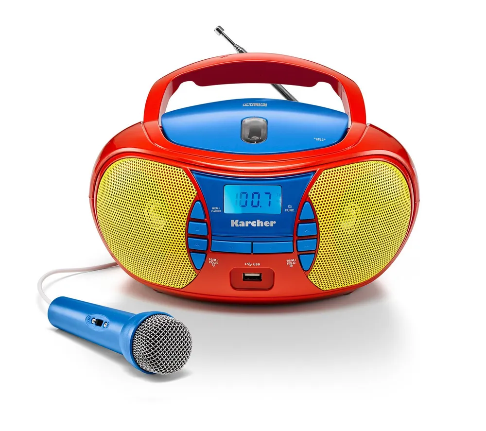 Karcher RR 5026 Boombox (UKW (FM), bunter, tragbarer CD-Player für Kinder mit UKW Radio, USB & Mikrofon)