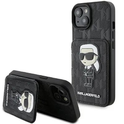 KARL LAGERFELD Handyhülle Case iPhone 15 aufstellbar Figur Kunstleder schwarz Logo 6,1 Zoll, Kantenschutz