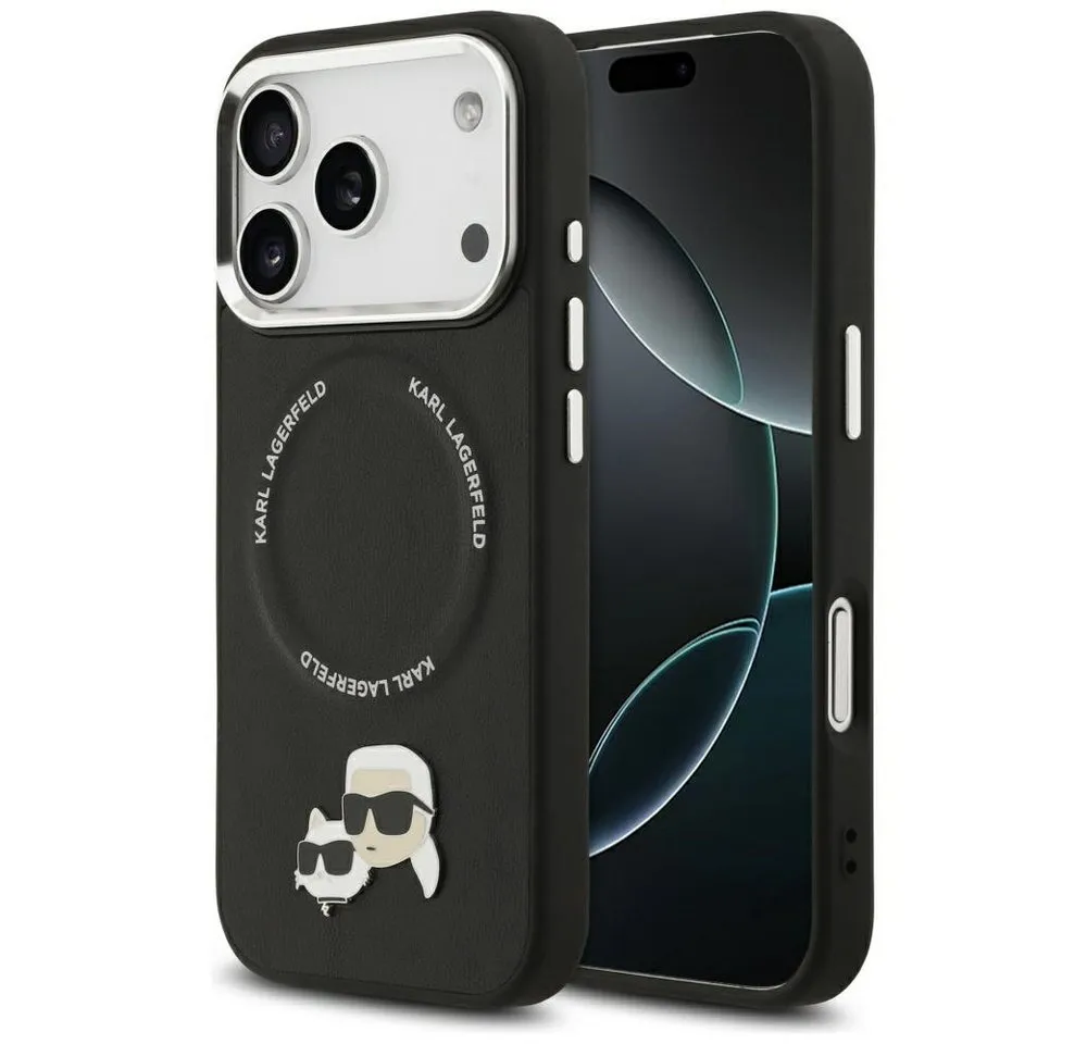KARL LAGERFELD Handyhülle iPhone 17 Pro Max MagSafe Kunstleder Metall Pin schwarz 6,9 Zoll, Kantenschutz