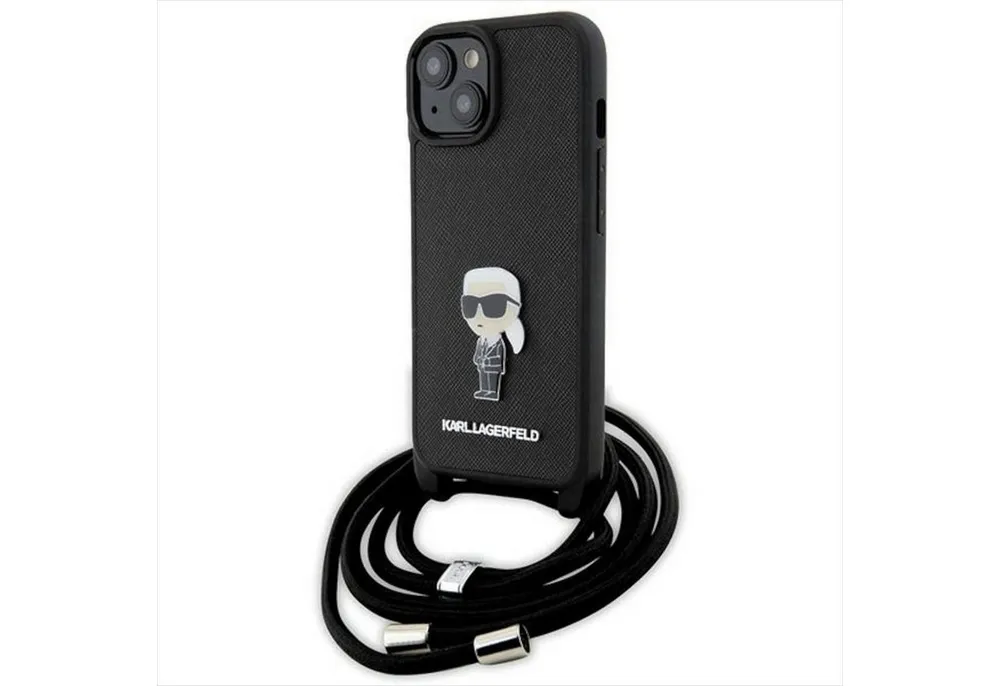 KARL LAGERFELD Smartphone-Hülle Karl Lagerfeld Apple iPhone 15 Saffiano Metal Pin Karl & Choupette