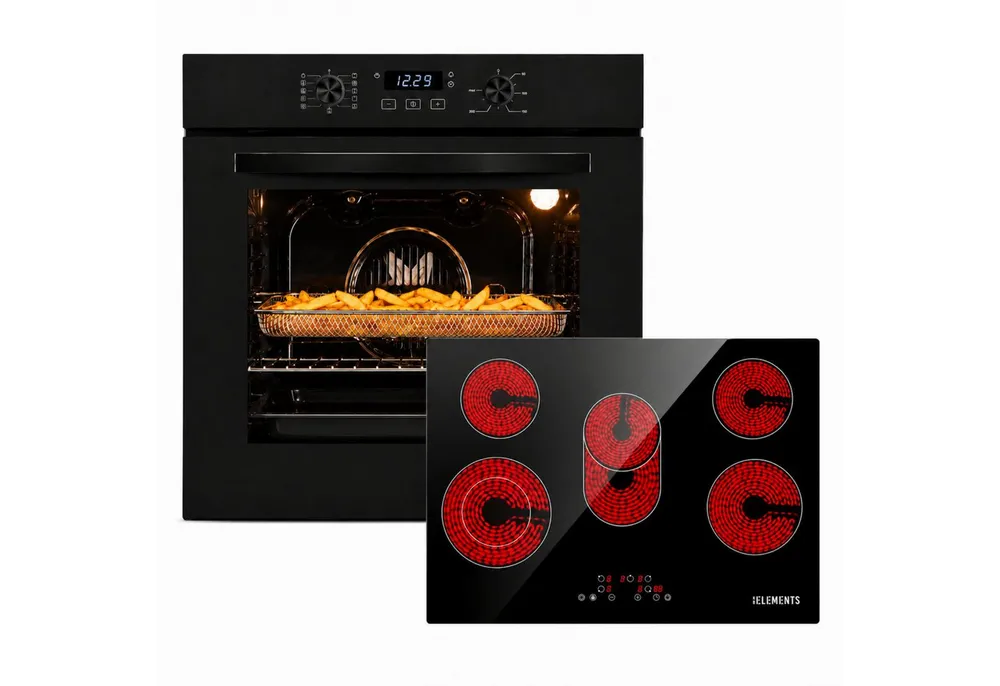 KB Elements Backofen-Set Einbaubackofen 60 cm mit 5-Zonen Glaskeramik Kochfeld 77 cm, Steam Clean, Air Fry, Steam Clean, Circle Fan Heater, 5 Kochzonen
