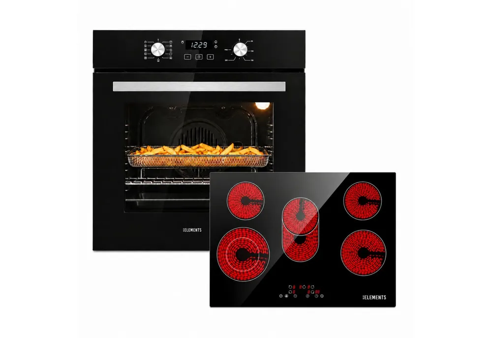 KB Elements Backofen-Set Einbaubackofen 60 cm mit 5-Zonen Glaskeramik Kochfeld 77 cm, Steam Clean, Air Fry, Steam Clean, Circle Fan Heater, 5 Kochzonen
