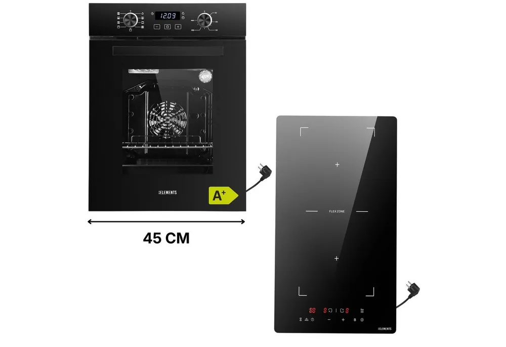 KB Elements Backofen-Set Einbaubackofen 45 cm breit mit 2-Zonen Induktionskochfeld 29cm, AQUA CLEAN, Schuko Stecker Anschuß, Flexzone, Warmhaltefunktion