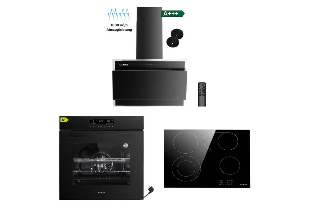 KB Elements Backofen-Set Einbaubackofen 60 cm mit 4-Zonen Glaskeramik Kochfeld 60 cm, mit 2-fach-Teleskopauszug, AQUA CLEAN, Einbaubackofen Full Touch mit 15 Funktionen, Air Fry Funktion
