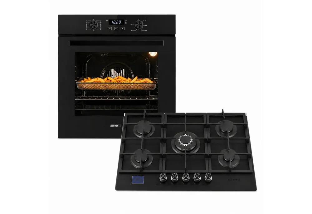 KB Elements Backofen-Set Einbaubackofen 60 cm mit Gaskochfeld 5 Flammig, Air Fry, Steam Clean, Gaskochfeld mit Gas-Stop-Timer