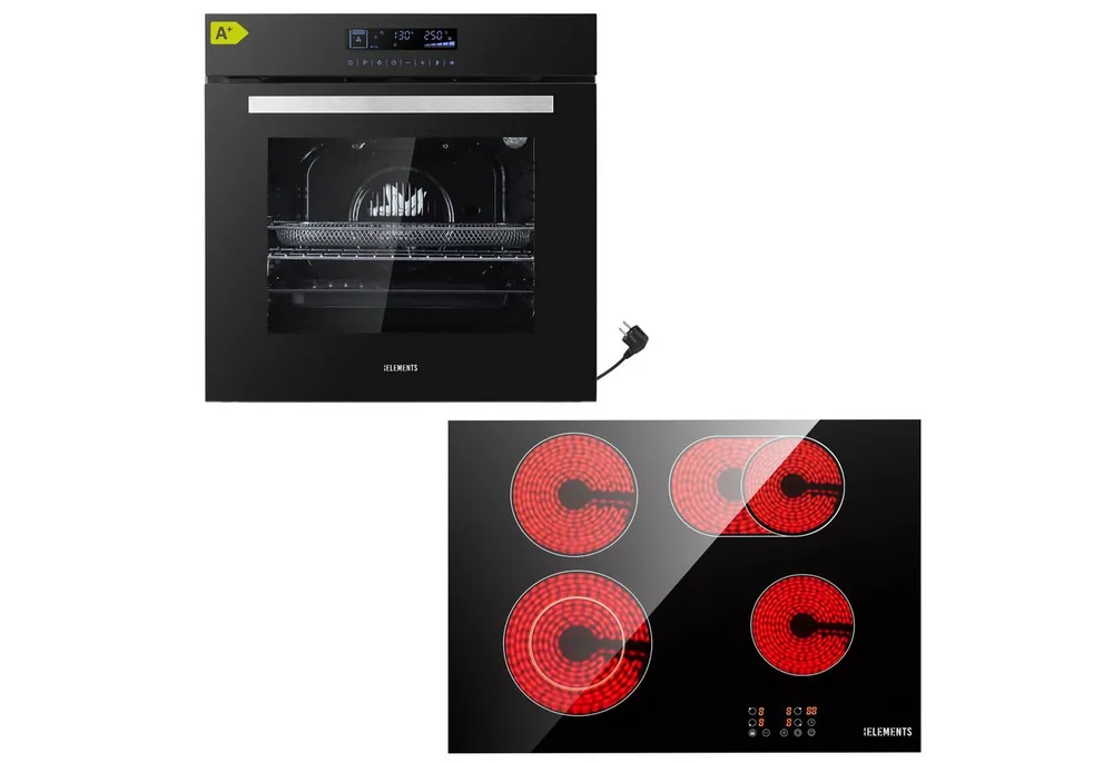 KB Elements Backofen-Set Einbaubackofen 60 cm mit 4-Zonen Glaskeramik Kochfeld 60 cm, mit 2-fach-Teleskopauszug, AQUA CLEAN, Einbaubackofen Full Touch mit 15 Funktionen, Air Fry Funktion