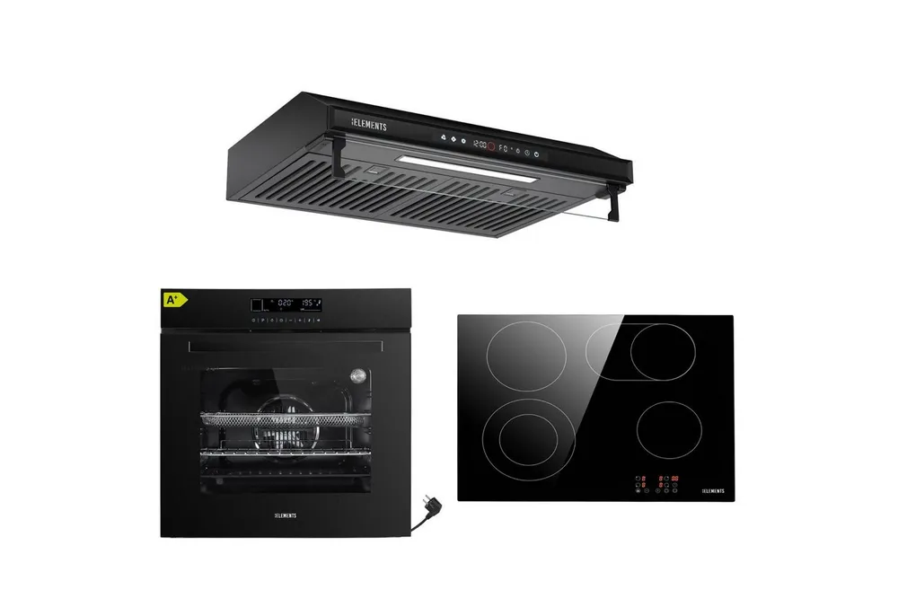 KB Elements Backofen-Set Einbaubackofen 60 cm mit 4-Zonen Glaskeramik Kochfeld 60 cm, mit 2-fach-Teleskopauszug, AQUA CLEAN, Einbaubackofen Full Touch mit 15 Funktionen, Air Fry Funktion