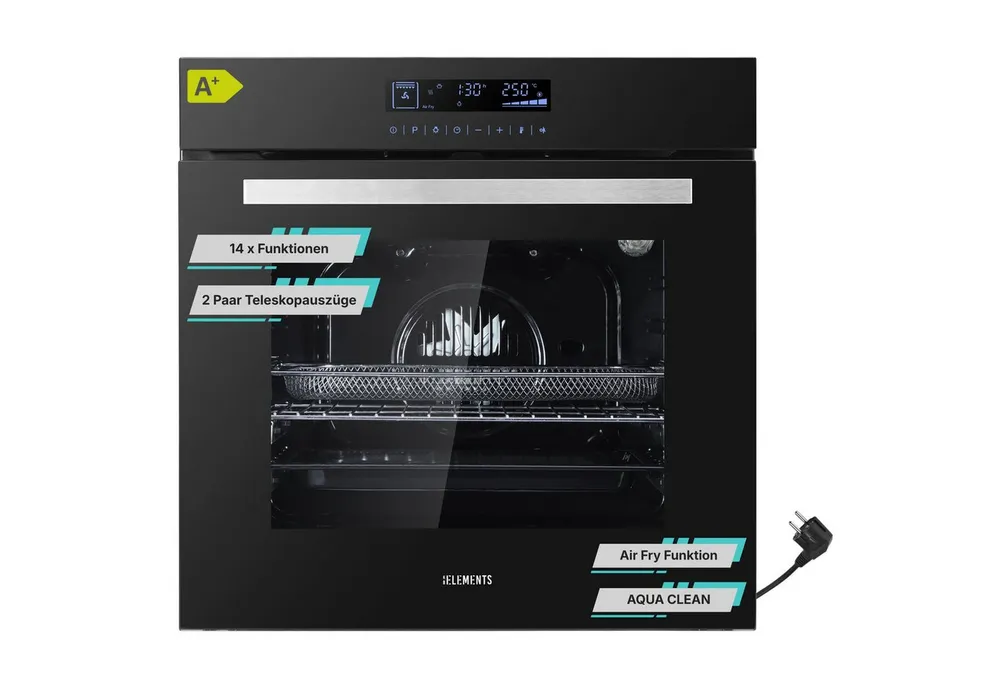 KB Elements Einbaubackofen 15 x Funktionen, Airfryer Funktion, Full Touch Display, AQUA CLEAN, mit 2-fach-Teleskopauszug, Air Fry, AQUA CLEAN,Full Touch,EEK A+