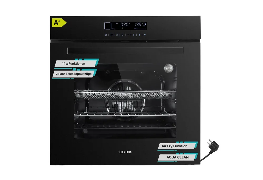 KB Elements Einbaubackofen 15 x Funktionen, Airfryer Funktion, Full Touch Display, AQUA CLEAN, mit 2-fach-Teleskopauszug, Air Fry, AQUA CLEAN,Full Touch,EEK A+