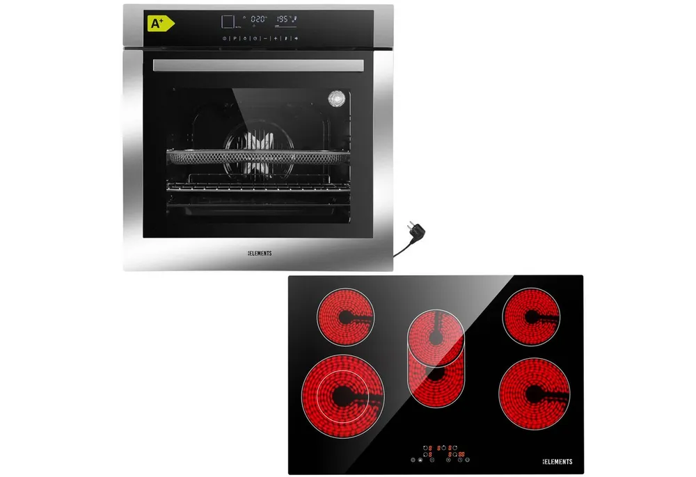 KB Elements Elektro-Herd-Set Einbaubackofen 60 cm mit 5-Zonen Glaskeramik Kochfeld 77 cm, mit 2-fach-Teleskopauszug, AQUA CLEAN, Einbaubackofen Full Touch mit 15 Funktionen, Air Fry Funktion