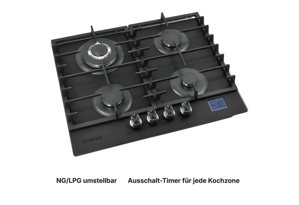 KB Elements Gas-Kochfeld, DIGITALER GAS-STOP-TIMER, MATTE, HITZEBESTÄNDIGE GLASOBERFLÄCHE