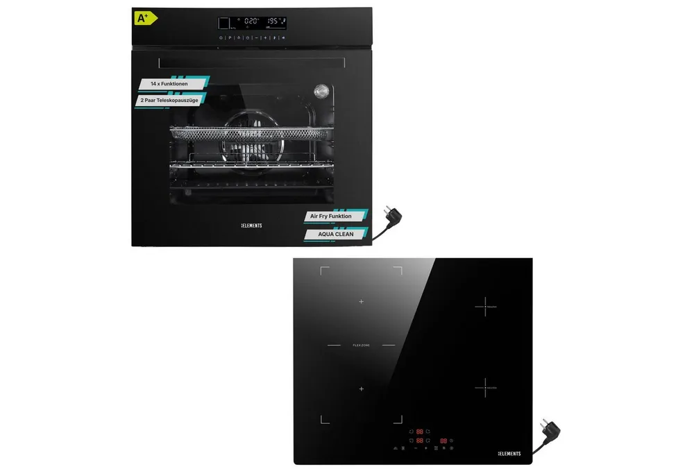 KB Elements Induktions Herd-Set Einbaubackofen 60 cm mit 4-Zonen Induktionskochfeld 60cm, mit 2-fach-Teleskopauszug, AQUA CLEAN, Backofen Full Touch mit 15 Funktionen, Schuko-Anschluss (EU-Stecker)
