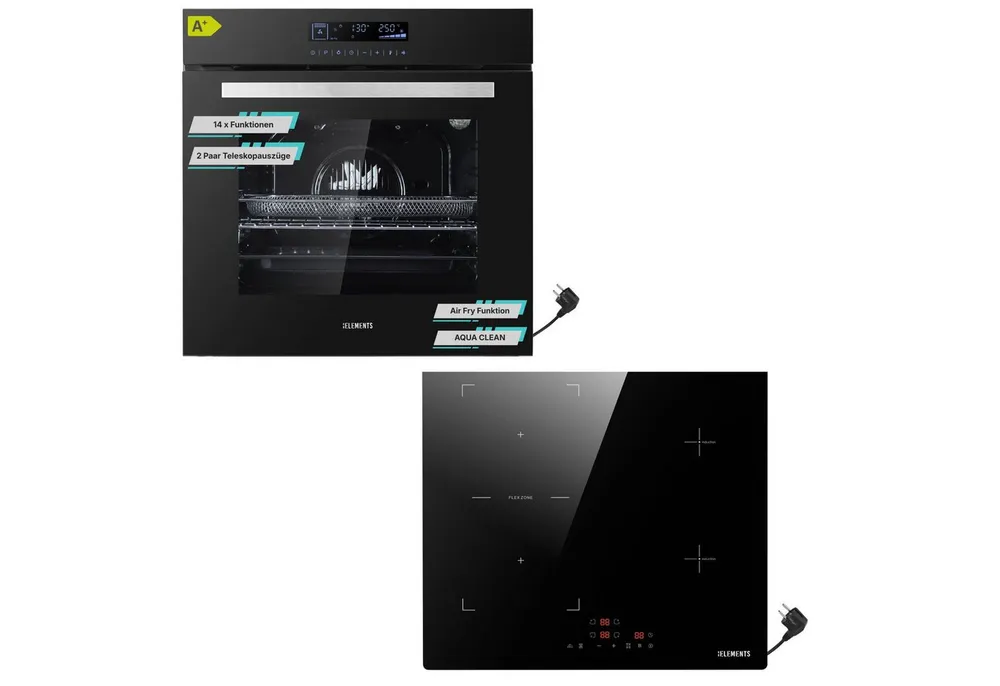 KB Elements Induktions Herd-Set Einbaubackofen 60 cm mit 4-Zonen Induktionskochfeld 60cm, mit 2-fach-Teleskopauszug, AQUA CLEAN, Backofen Full Touch mit 15 Funktionen, Schuko-Anschluss (EU-Stecker)