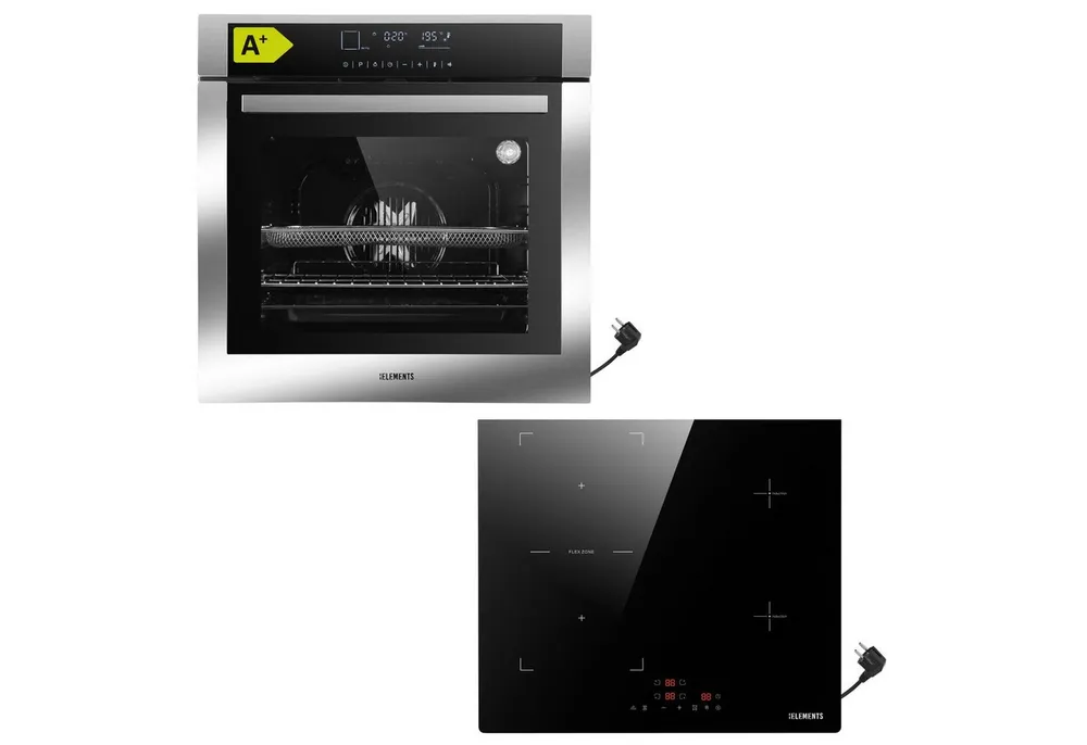 KB Elements Induktions Herd-Set Einbaubackofen 60 cm mit 4-Zonen Induktionskochfeld 60cm, mit 2-fach-Teleskopauszug, AQUA CLEAN, Backofen Full Touch mit 15 Funktionen, Schuko-Anschluss (EU-Stecker)