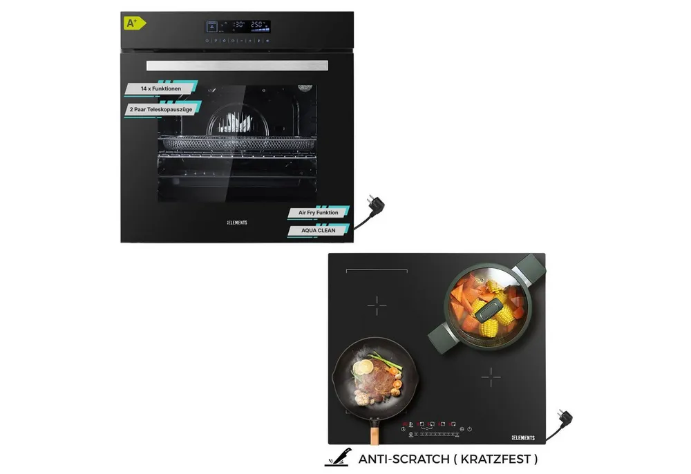 KB Elements Induktions Herd-Set KB ELEMENTS Herdset Backofen 60cm, Kratzfestes Induktionskochfeld 60cm, mit 2-fach-Teleskopauszug, AQUA CLEAN, Backofen Full Touch mit 15 Funktionen, Kratzfestes Induktionskochfeld